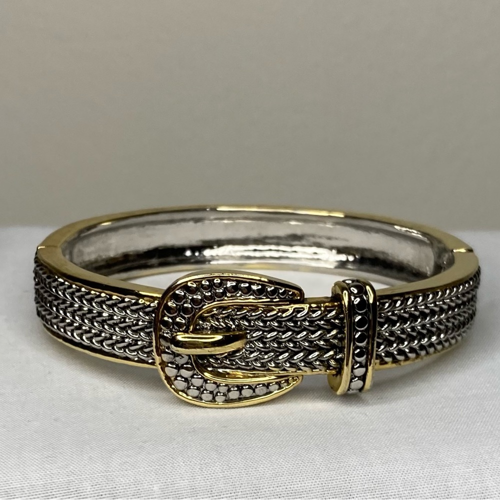 BANGLE BRACELET GOLD AND SILVER TONES W BELT BUCKLE DESIGN